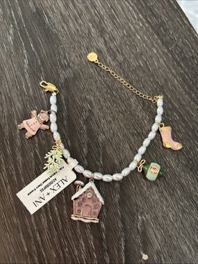 Alex and Ani Pearl Bead Charm Bracelet with Pink Enamel Charms